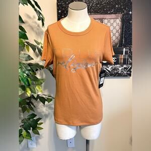 NWT True Religion Womens Y2K Stretchy Bling Logo Tan Ribbed T-Shirt Size Medium